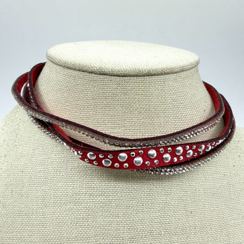 Red Faux Suede Wrap Choker Necklace Rhinestone Studded Western Statement